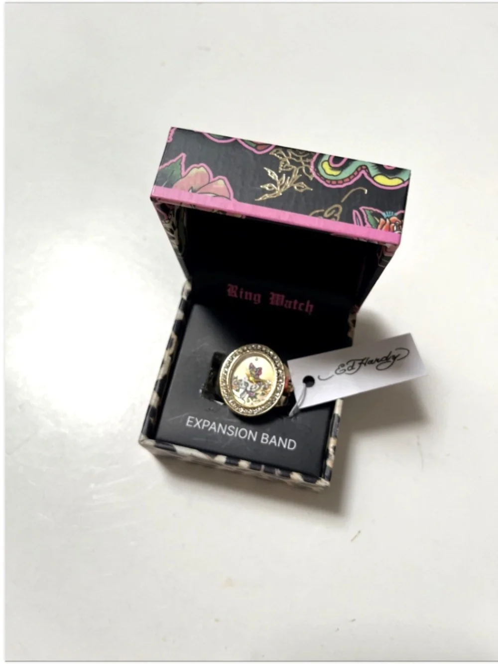 Ed Hardy Ring Watch Skull Roses Rhinestone Gold Tone Expansion Band NWT Box
